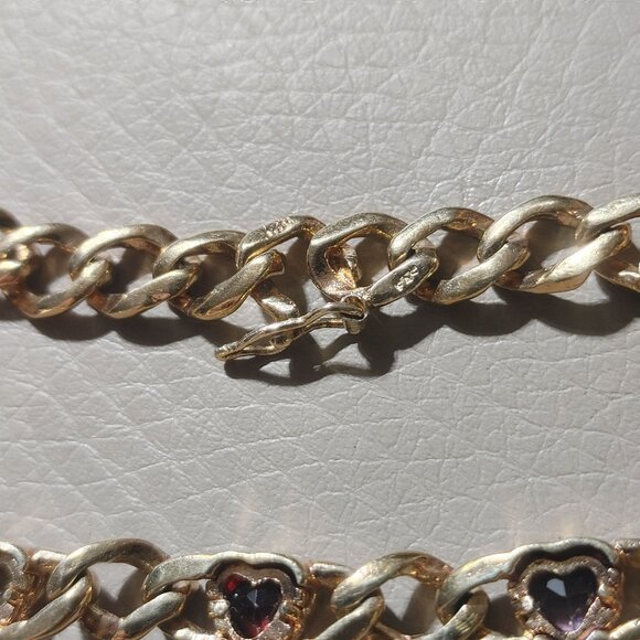 Gold Tone Chain Bracelet Heart-Shaped Multi-Colored Gemstones Toggle Clasp - Picture 8 of 9